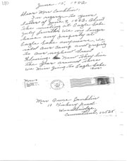Correspondence regarding annual meeting invition and the lack of property on Eagle Lake. 