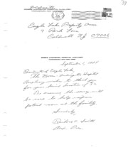 Handwritten thank you letter to Eagle Lake residents regarding donation.