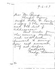 Handwritten correspondence regarding meeting minutes and address list.